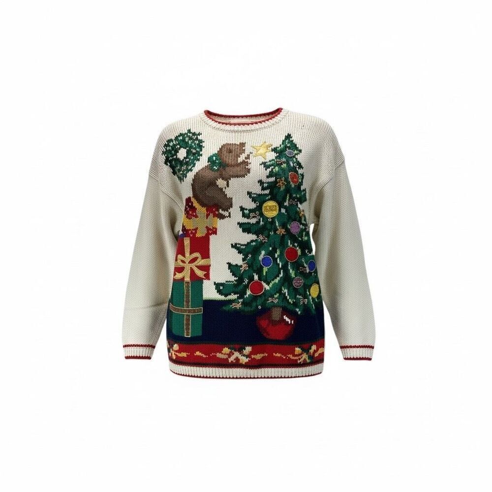 Vtg Casual Corner Christmas Sweater M Hand Knit Bear Tree Beaded Cottage Holiday - Picture 1 of 16